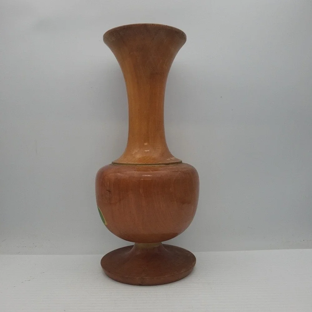Wood Flower Vase Hand Carved Hand Turned Mexico 10” Brown Floral Painted
